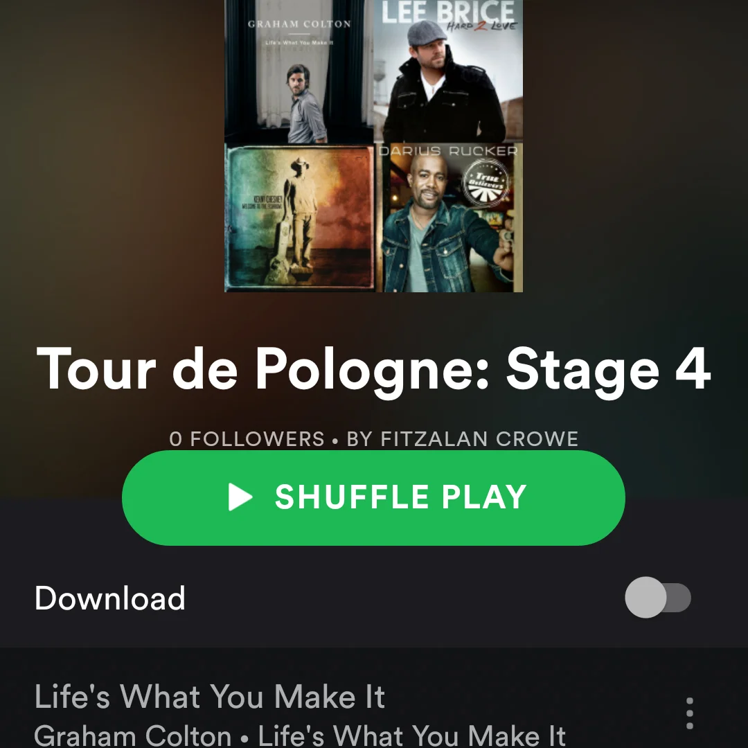 Bike racing, driving, Tour de Pologne, music, playlist, health, fitness, country music, Kenny Chesney, Lee Brice, Alison Krauss, Zac Brown Band, pro cycling, cycling