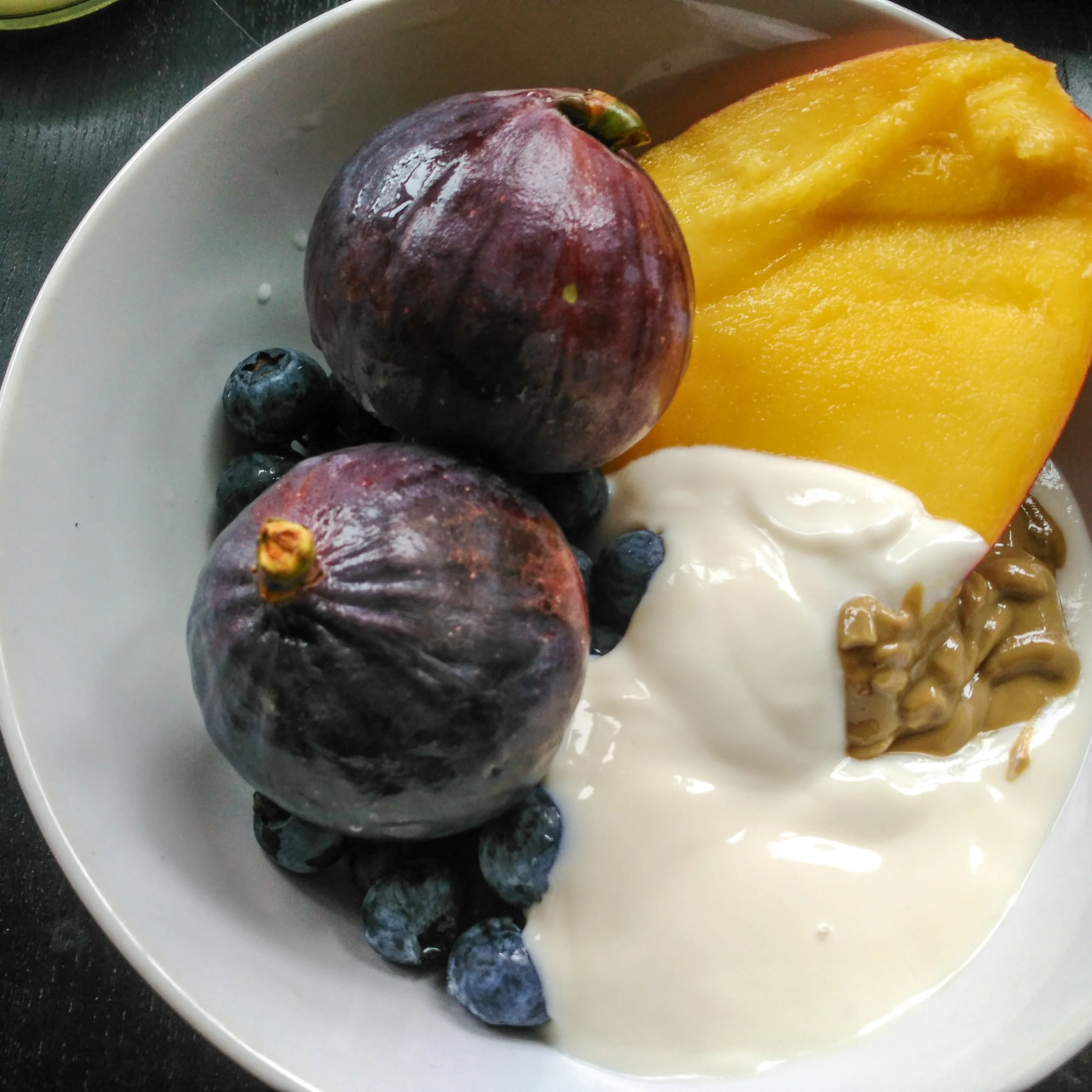 Breakfast of fruit, yogurt and a little sunflower butter.