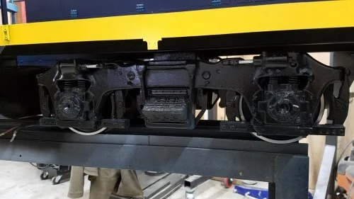 We have trucks available in 1" and 1.5/1.6" scale. Shown here is our 1.5/1.6" scale Blombergs with axle hung traction motors and sprung journals. The die cast steel Hyatt journal boxes have detailed lettering like the prototype plus dual sealed ball…