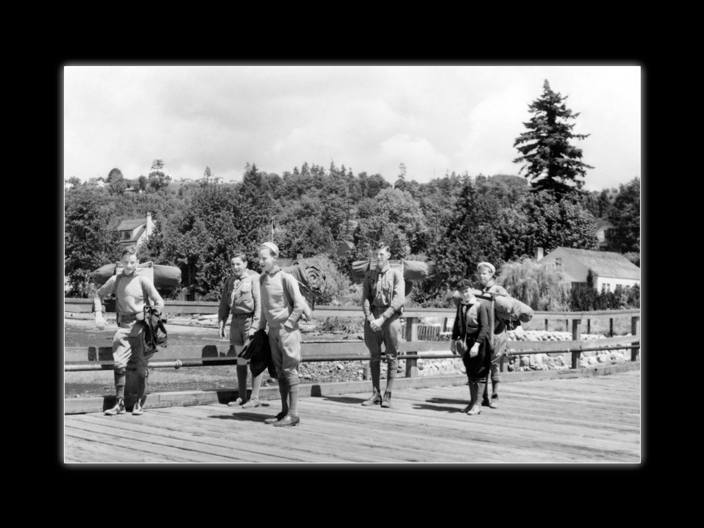 Boy scout hike, Vashon Island - Lou, Jim (3rd from left) and Barney, with other scouts. Whittaker Family Collection