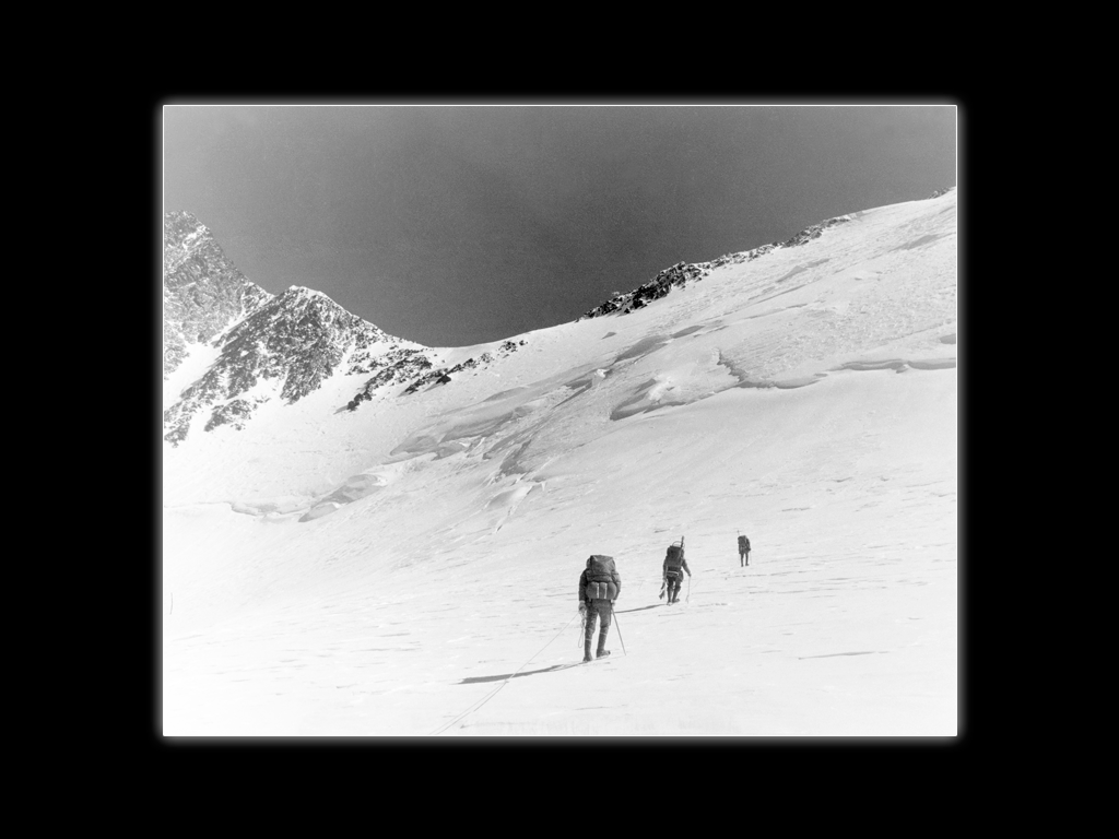 On Mt. McKinley (Denali), 1960. Denali Pass, 18,000 feet in the background. Whittaker Family Collection