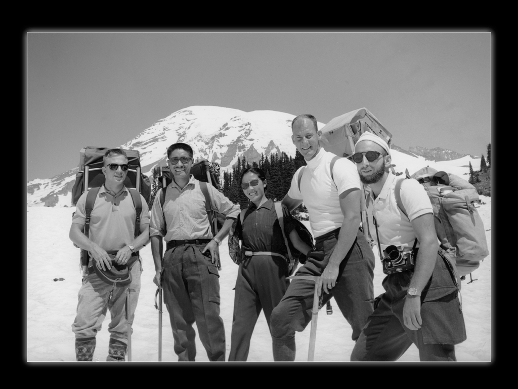 On Mt. Rainier: (L to R) Lute Jerstad, Tenzing Norgay, Tenzing’s “traveling wife”, Jim, Tom Hornbein, about 1965. Whittaker Family Collection