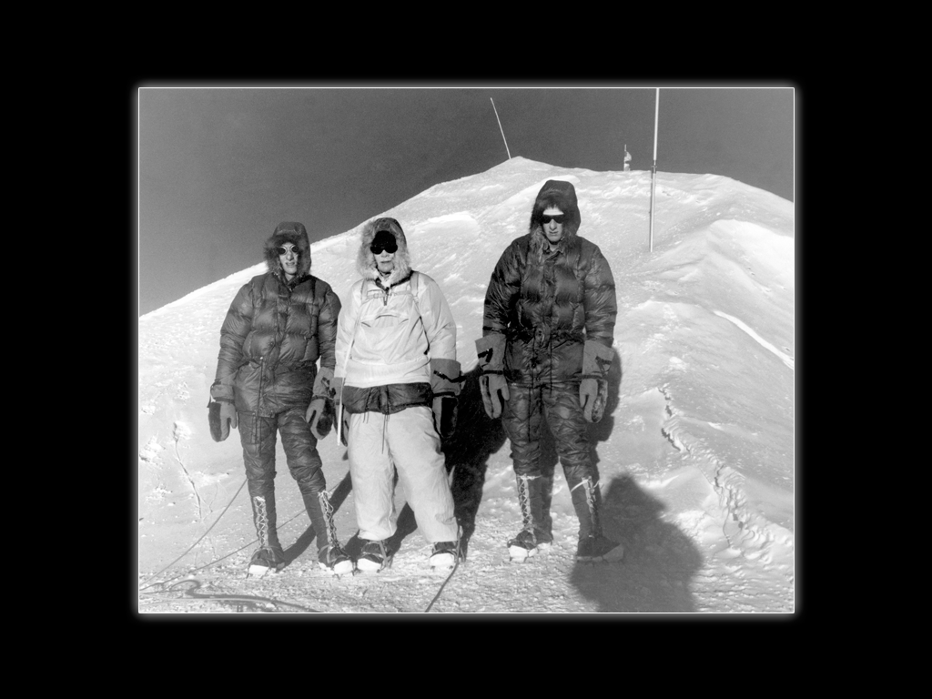 Summit of Mt. McKinley, 1960. (L to R) Lou, John Day, Jim. Pete Schoening Photo