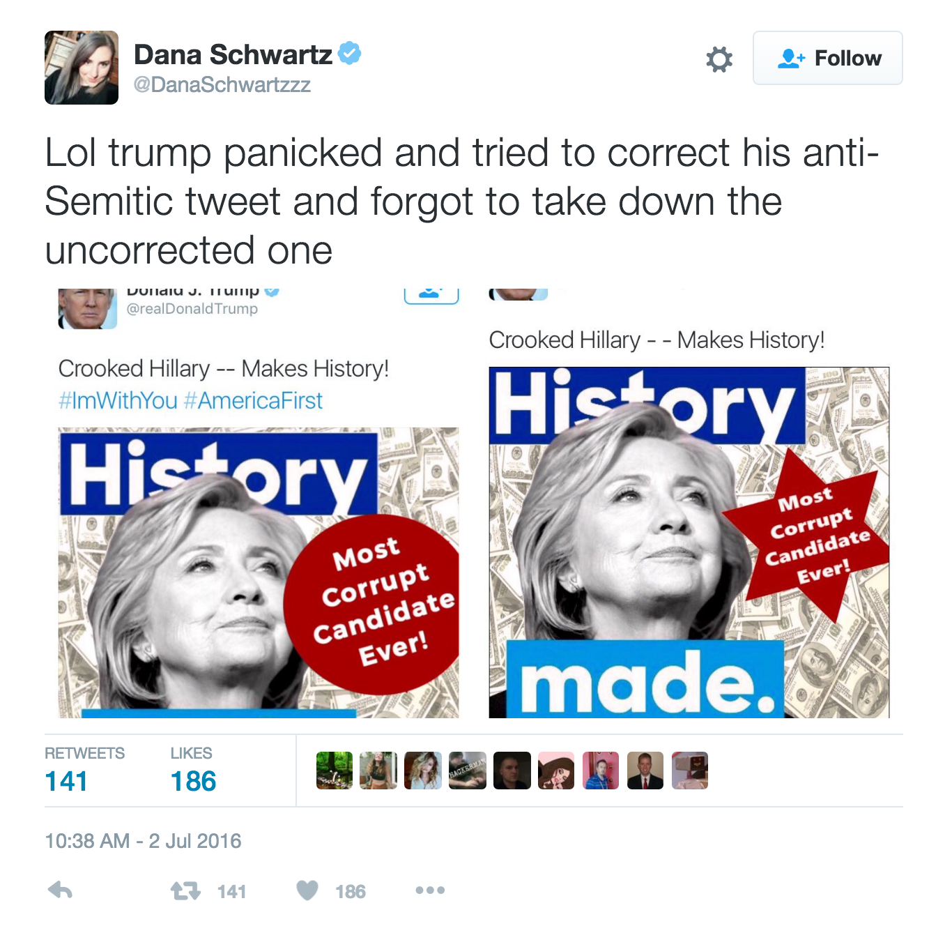 Trump's July 2, 2016 tweet warning his supporters to watch out for the Jew-loving Illuminati, Clinton. 