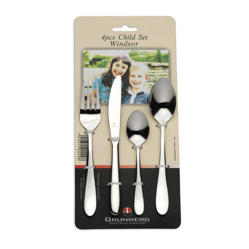 Windsor 4 Piece Child Cutlery Gift Box Set Stainless Steel Grunwerg Children 