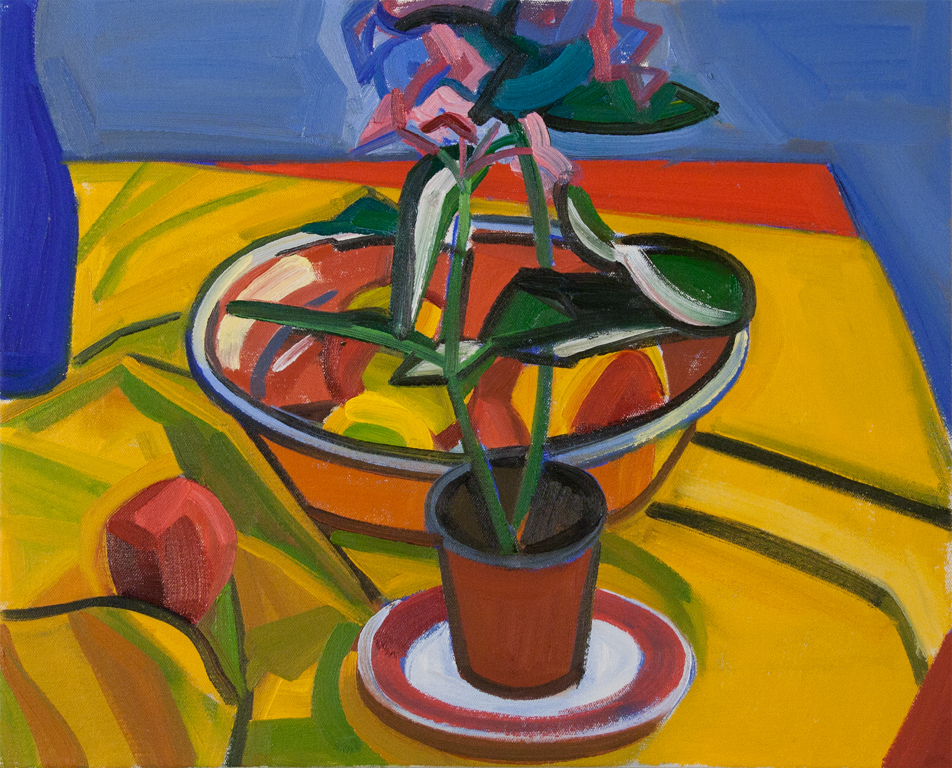 Hydrangea with Bowl and Blue Bottle, oil on canvas
