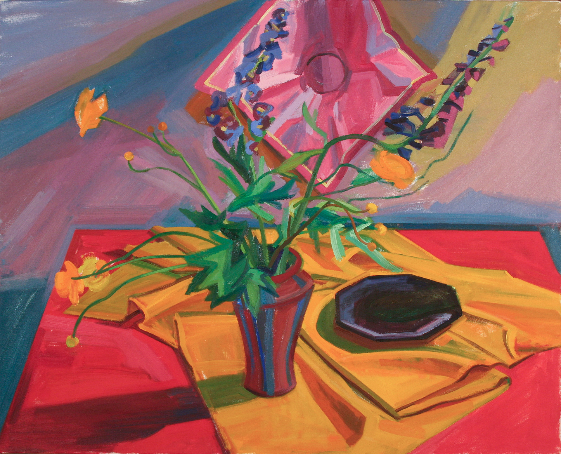 Delphiniums on a Red Table, oil on canvas