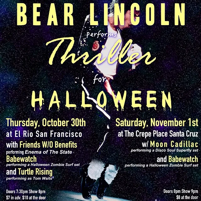 Muahaha! Our next shows are gonna be spooky good. Bear Lincoln plays Thriller for Halloween with a host of special guests. Advance tickets for our SF Show: ElRioHalloween.EventBrite.com Hope to see you there!