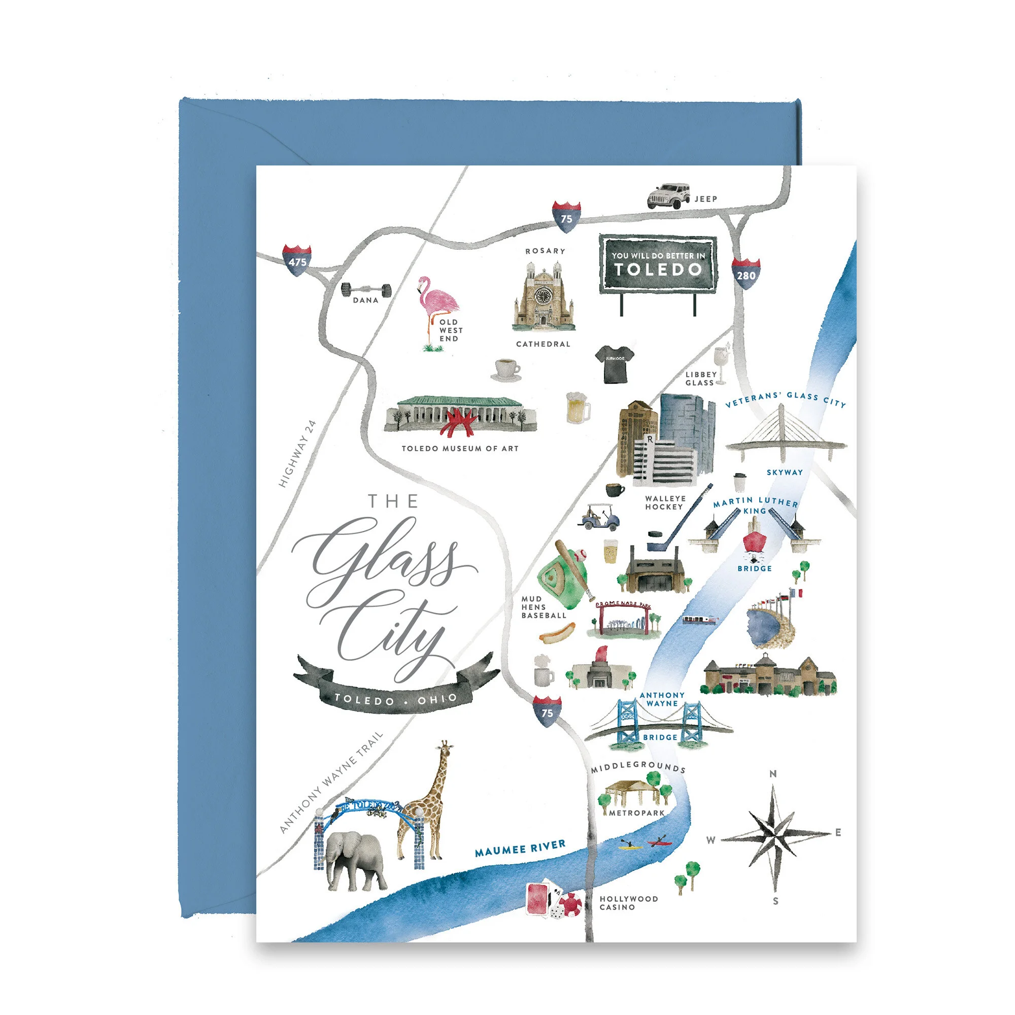 Toledo Ohio Watercolor Map Greeting Card