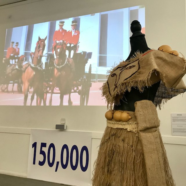   Rastafari war garb (front)   This is a replica of a Nyahbingi Warrior Garb made by Gloria Simms, the original of which is held in the National Museum Jamaica. It was been recreated for the exhibition in London by Rachel Reid. Nyahbingi began as a r