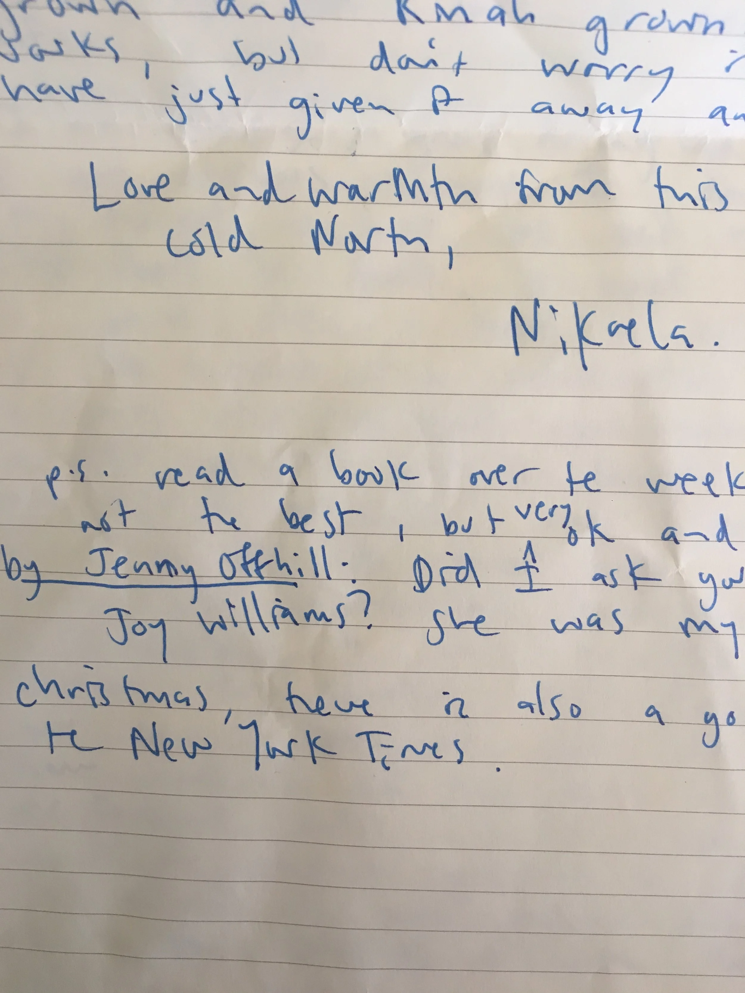 *Correspondence between Carissa and her friend in Winnipeg, Canada with reading recommendations.