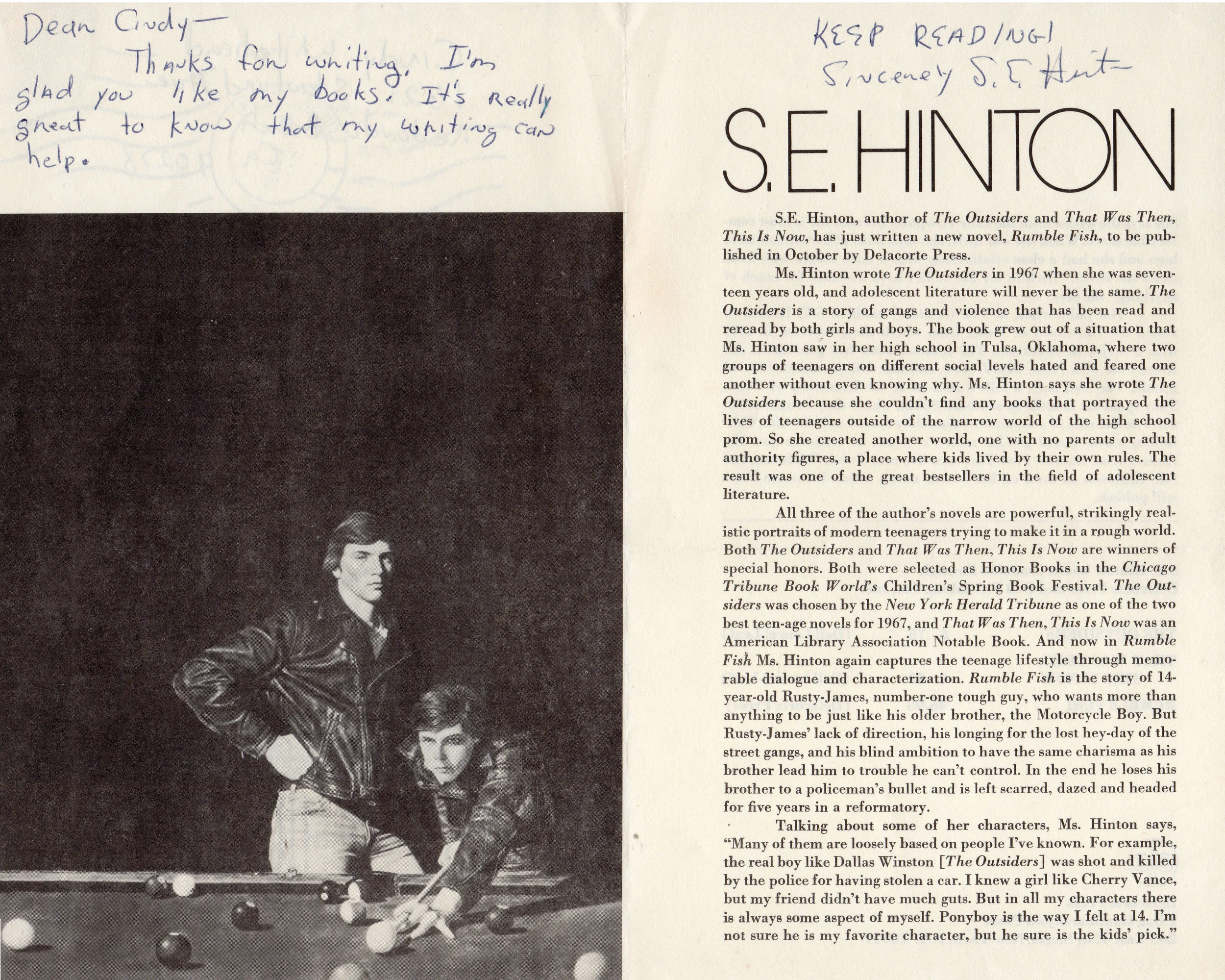 Cindy still has the note written to her from S.E. Hilton