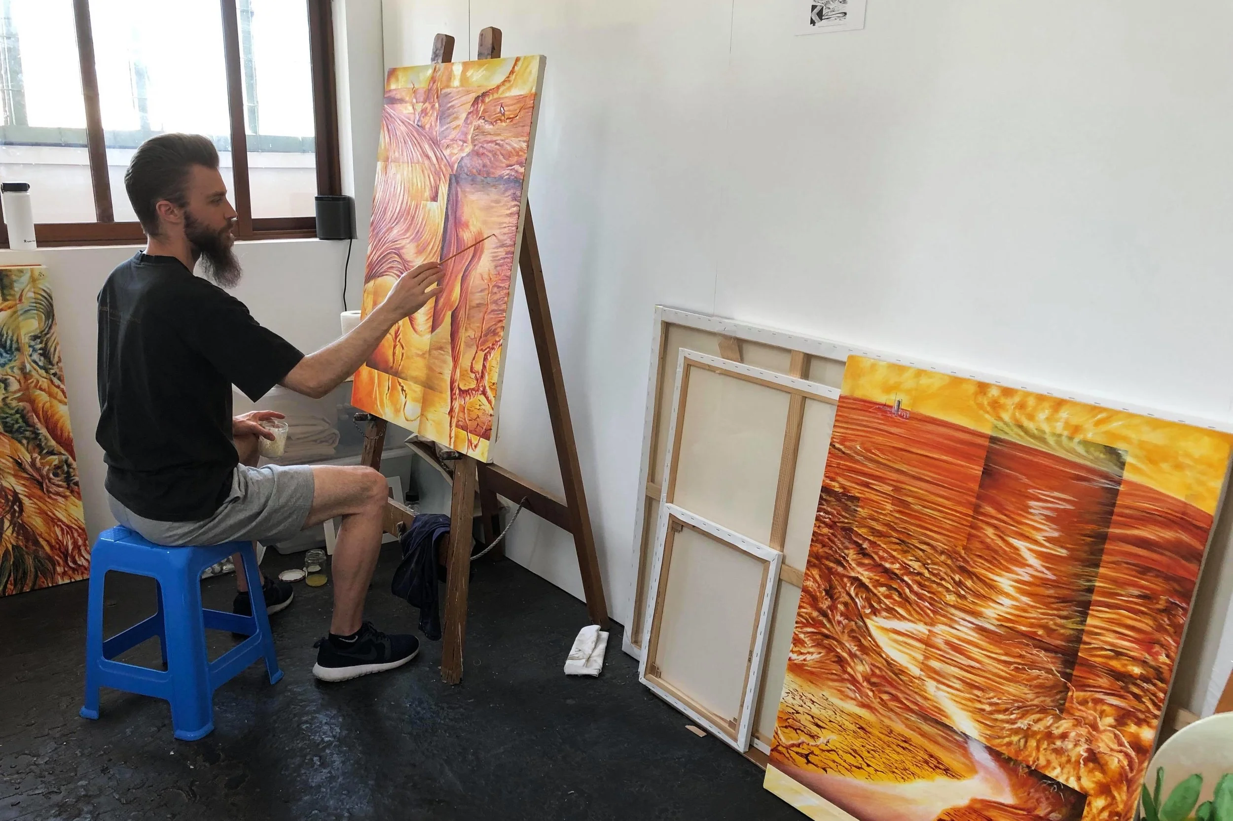 Daniel Baranovski, painter and photographer, working on his works for ‘Snap Frozen & Still’ in his studio at Nauti Studios, Blue Mountains.