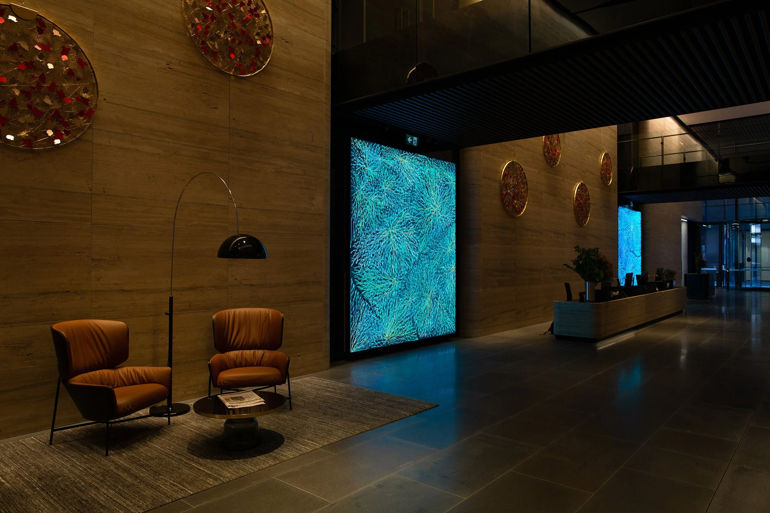 1 Denison Foyer - Digital Art. Abstract organic forms expand and branch off into individual pathways