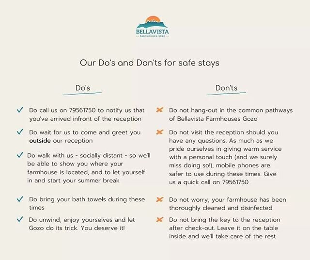 We're excited to start receiving our esteemed local guests once again! 😊

In the meantime, here are our Do's and Don'ts to help us offer you safe stays, as we adapt to a new kind of normal together  #safestays #wereinthistogether