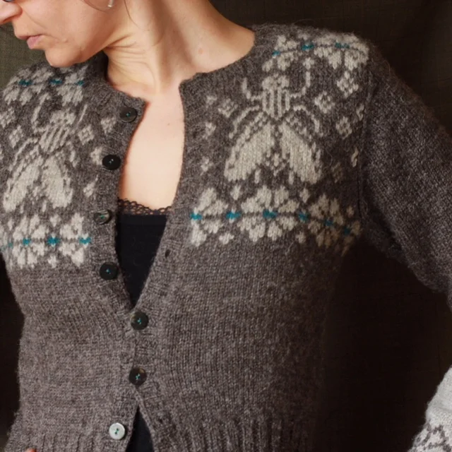 Nikki's design skills on show with this cardigan, knit in Kate Davies' Buachaille yarn with saturated colour pops of Nikki's own dyecraft