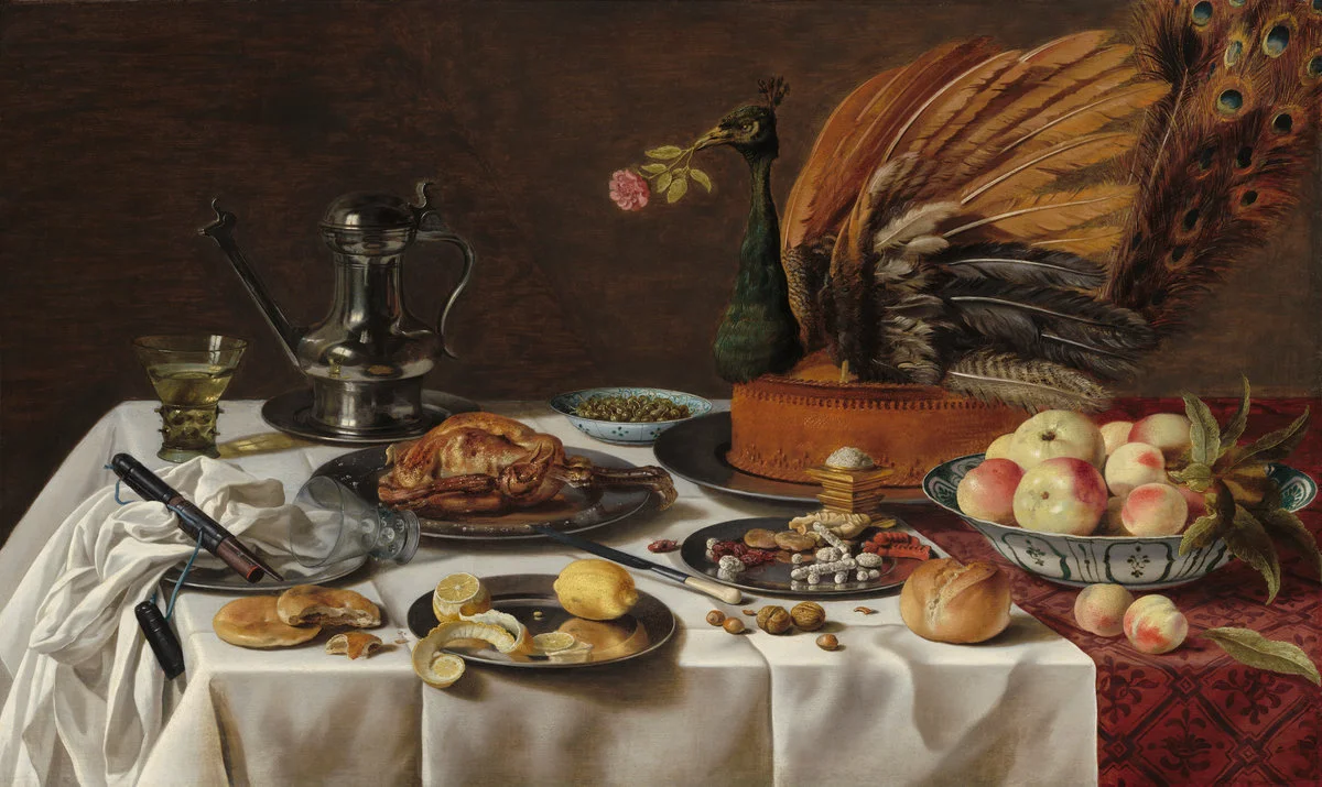 The opposite of restraint:  Pieter Claesz,  Still Life with Peacock Pie  (plumage, for pity’s sake!!!), 1627,  National Gallery of Art .