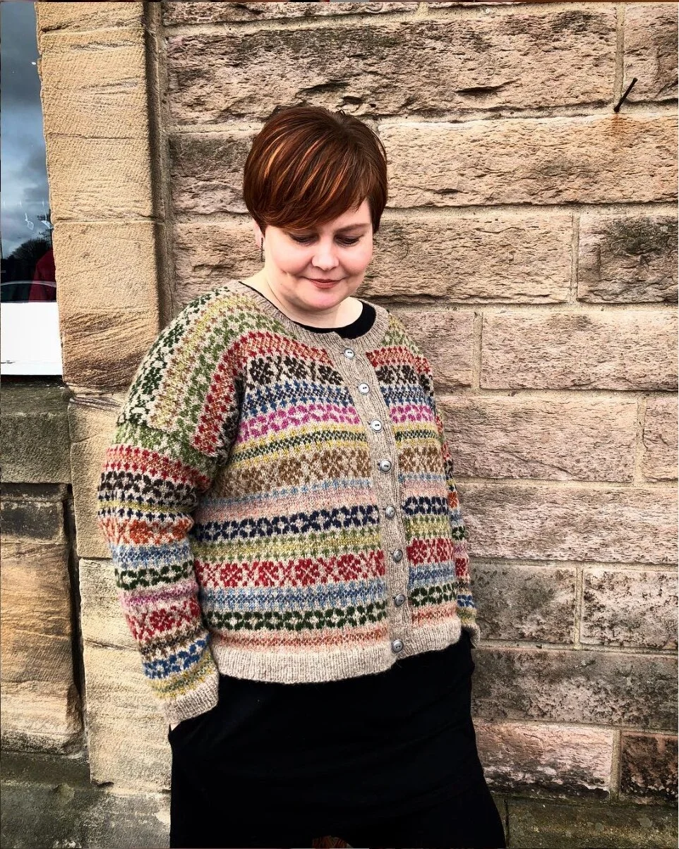 Tiina in her beautiful Marit cardigan knit up in Tukuwool fingering. Photo credit: @tukuwool