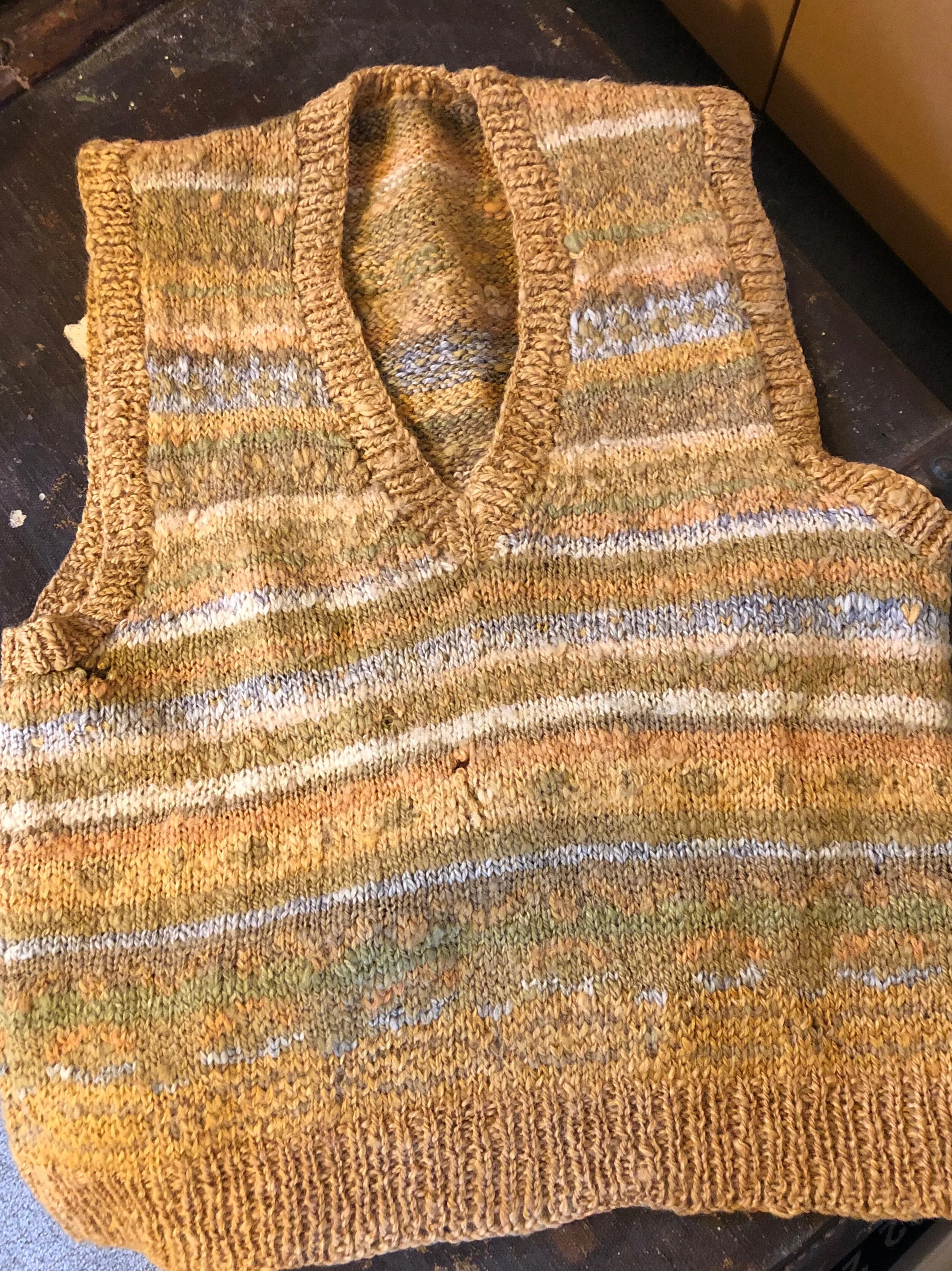 Sally knit this vest from natural dyed yarn she spun and dyed while on a course at Nelson Polytech 40 years ago.