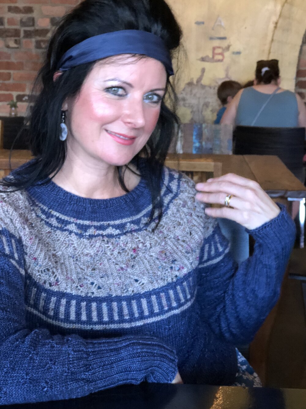 Vickie(sister) wearing blue Zweig Sweater.JPG