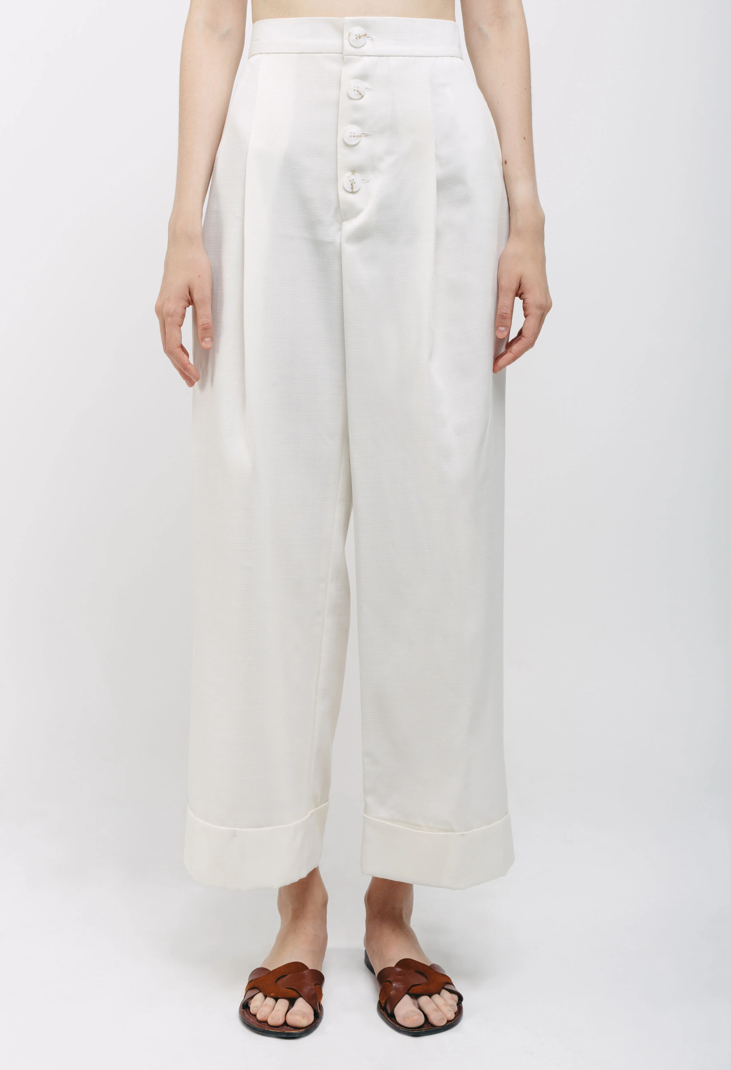 Pleated Pants with Front Buttons Ivory