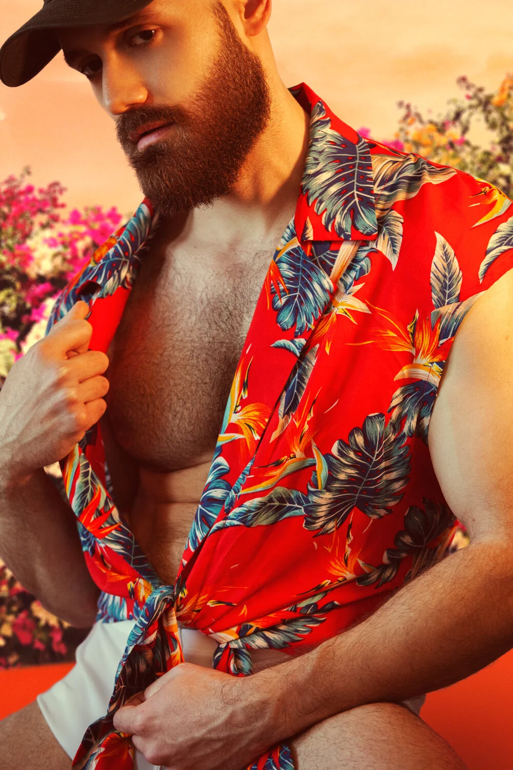 Red Tropical Paradise Front-Tie Sleeveless Shirt