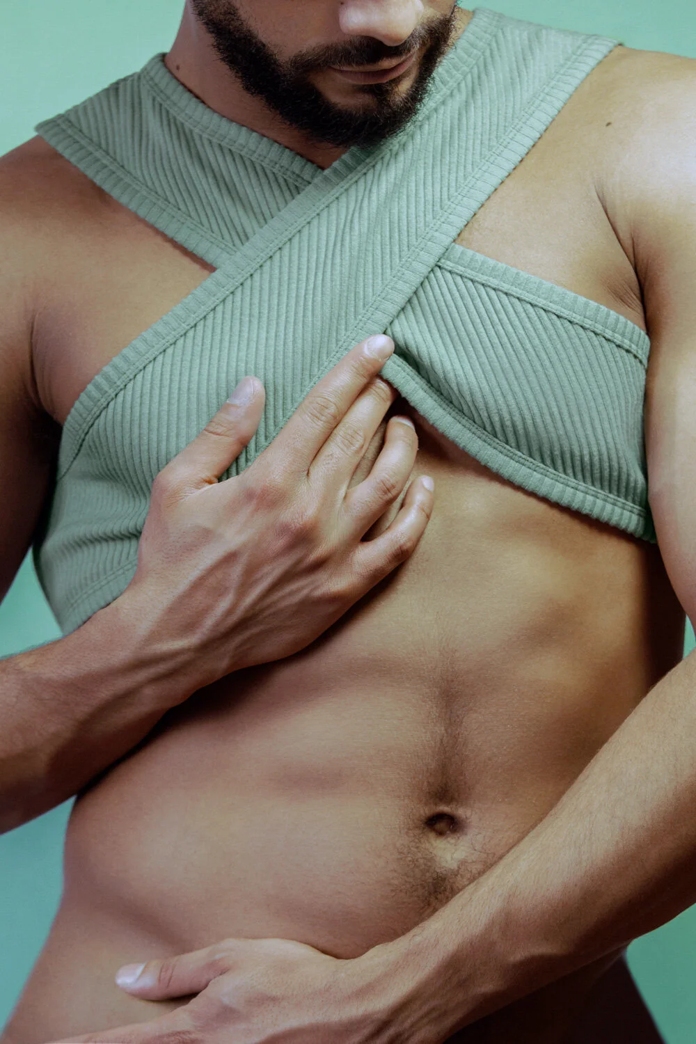 Pistachio Cream Ribbed Knit Recto/Verso Cropped Vest