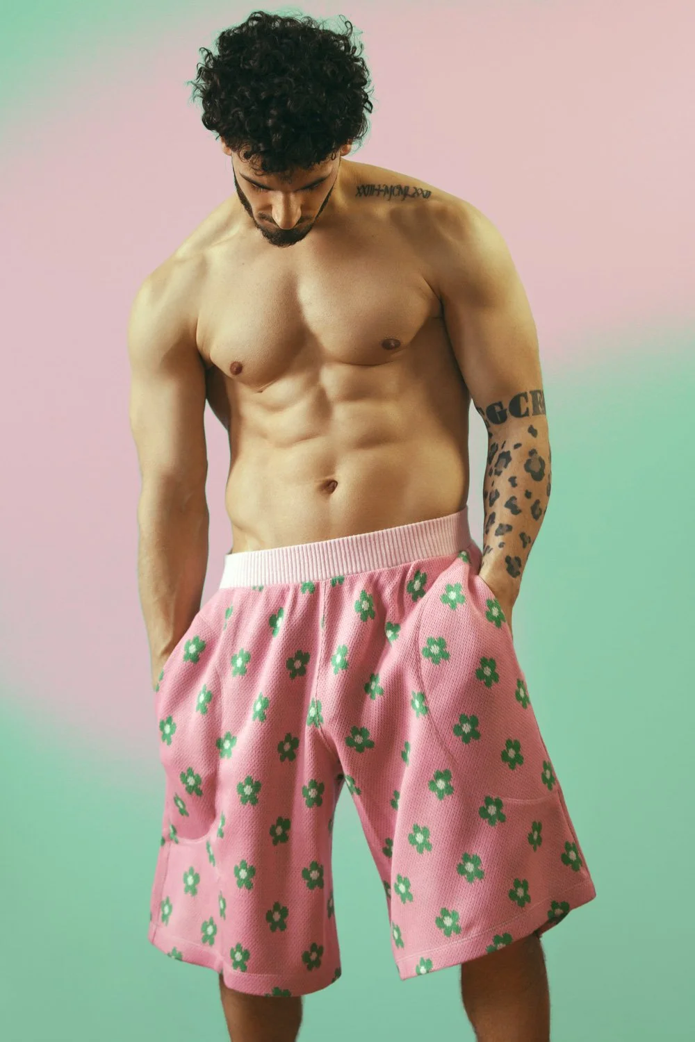 Green Daisies and Powder Pink Knit Shorts