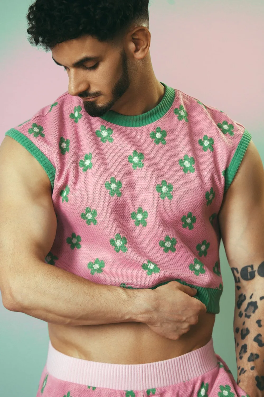 Green Daisies and Powder Pink Knit Vest
