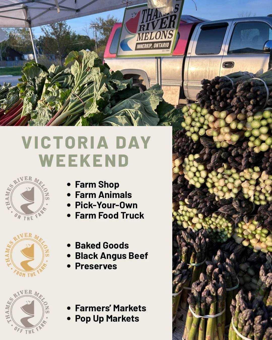Happy long weekend! ☀️ Find us here at the farm and at your local farmers&rsquo; market. Whether on or off the farm, we can&rsquo;t wait to connect you with our freshly picked &amp; prepared goods. Thank you for choosing local!