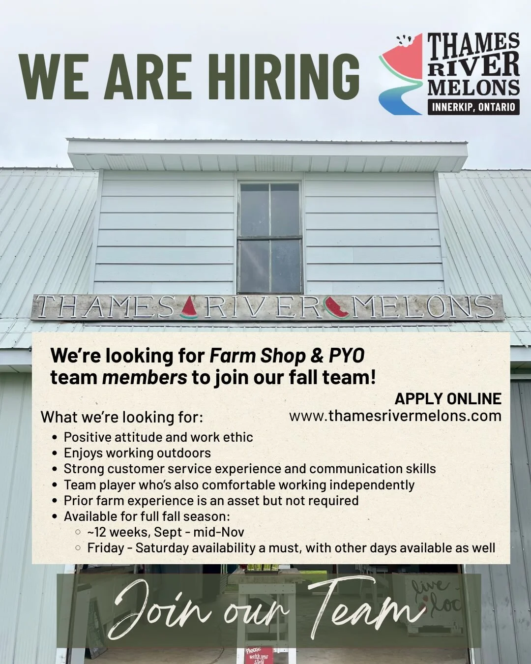 We&rsquo;re hiring for a few more fall roles! 🍂 

Apply by Sunday August 30th for the chance to work right here on the farm, in our Farm Shop, Pick-Your-Own Patch, Farm Kitchen, or Farm Food Truck.

The fall brings a busy season of pumpkin- and appl