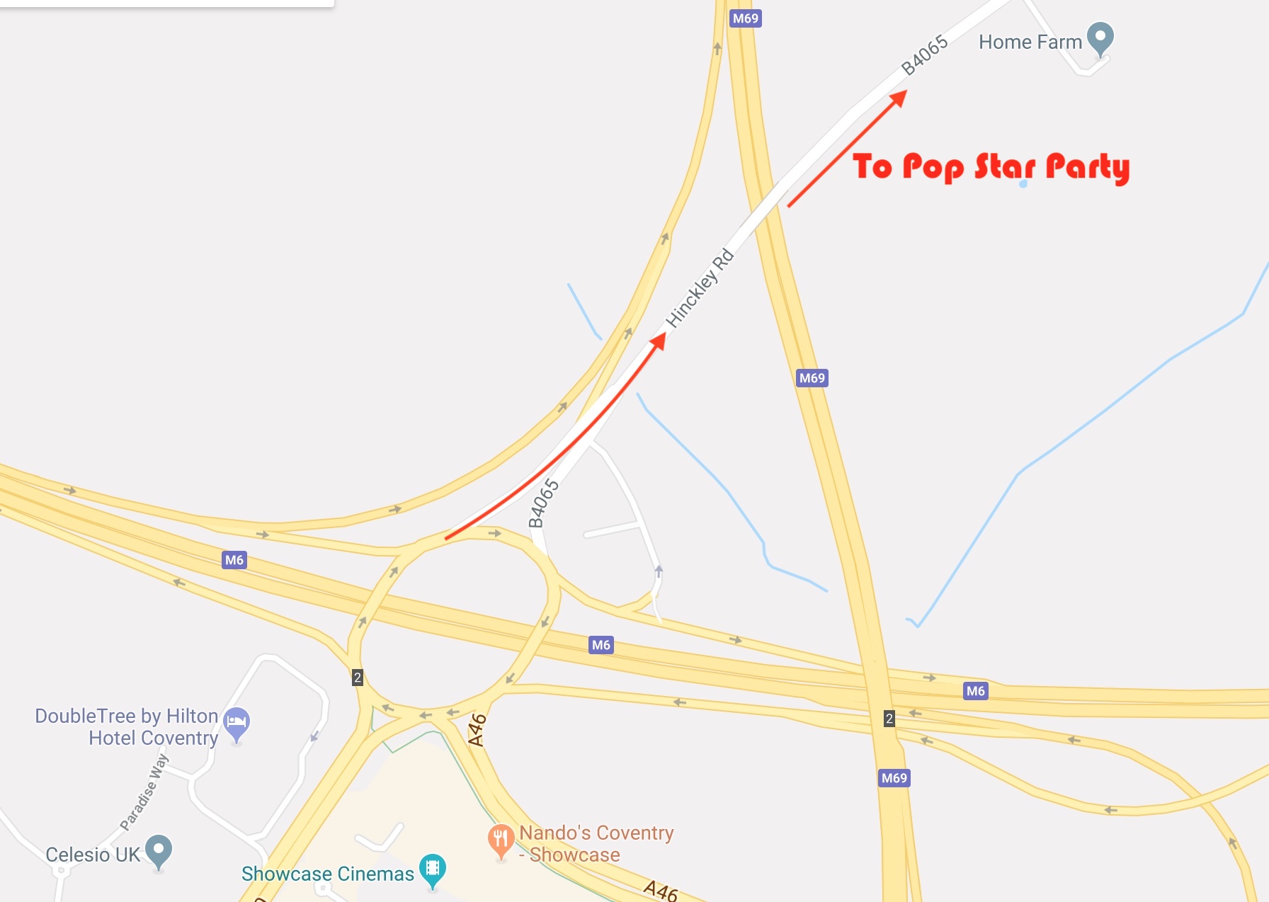 Looks complicated, but just follow the massive overhead sign for ANSTY after leaving the roundabout