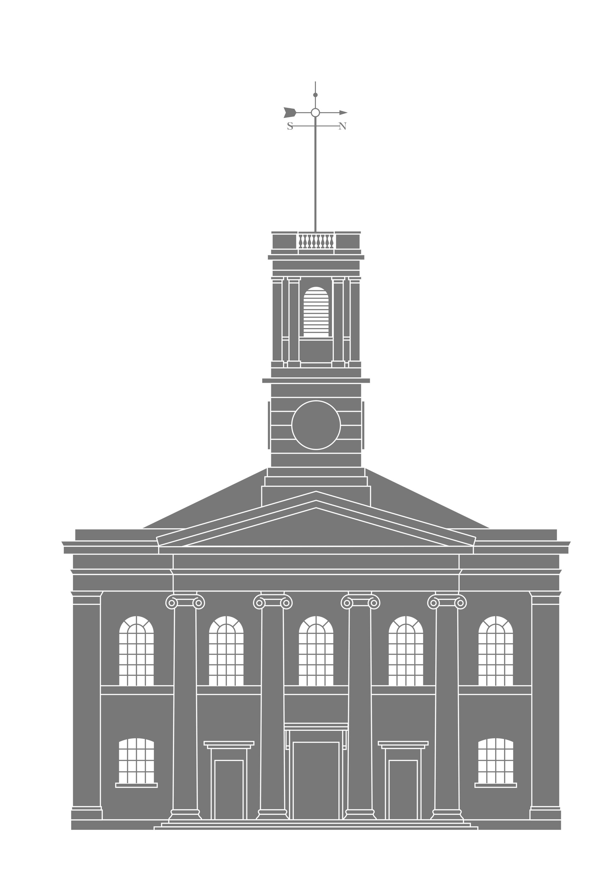 An original drawing for the front elevation was meticulously traced to create this new image, which was progressively simplified to use in the logotype.