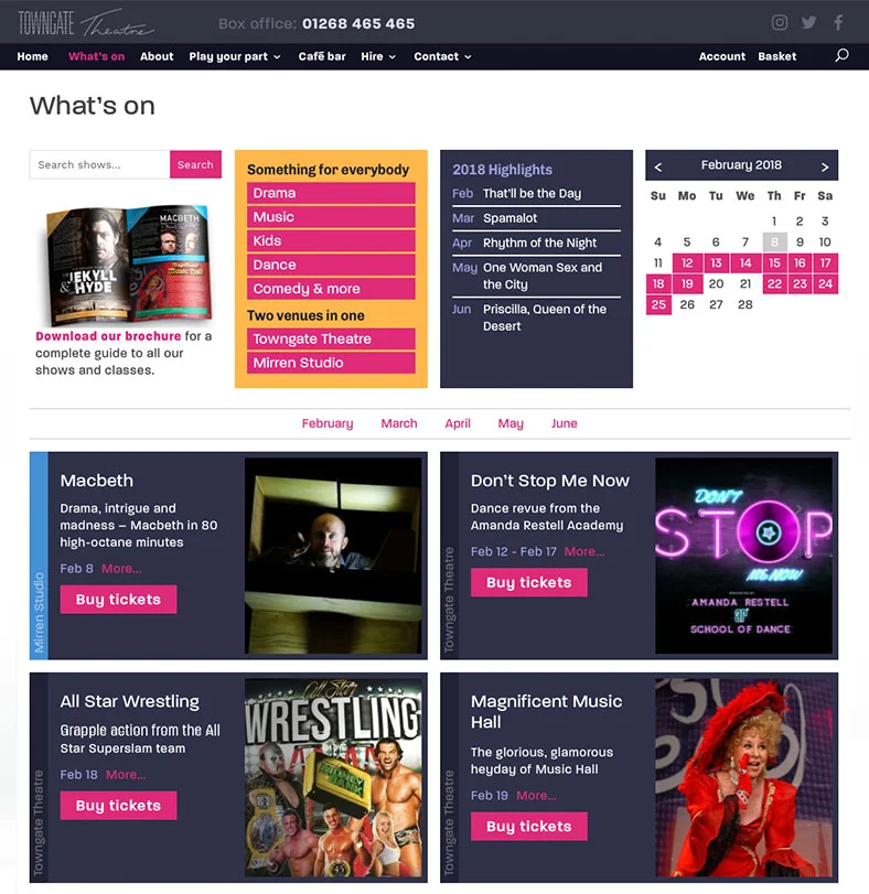 Towngate Theatre what's on page, powered by our custom Spektrix plugin