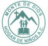 Monte De Dios logo - three stick figure characters standing behind an open bible with mountains and a cross behind them. Hogar De Ninos A.C. below