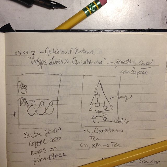 One of the first things we decided was that, visually, we didn't want Coffee Lovers' Christmas to look like the rest of Nathan's portfolio. At the time, he was drawing the daily comic strip My Guardian Grandpa and for the first year of trying to capture the charm of Julie's sketchbook drawings, his translations always tightened up and lacked energy. One of the earliest iterations renders Santa out of a flowing line that is supposed to emulate steam, cream, and the letter "S." Needless to say, he needed to teach himself how to draw again.
Continued tomorrow...