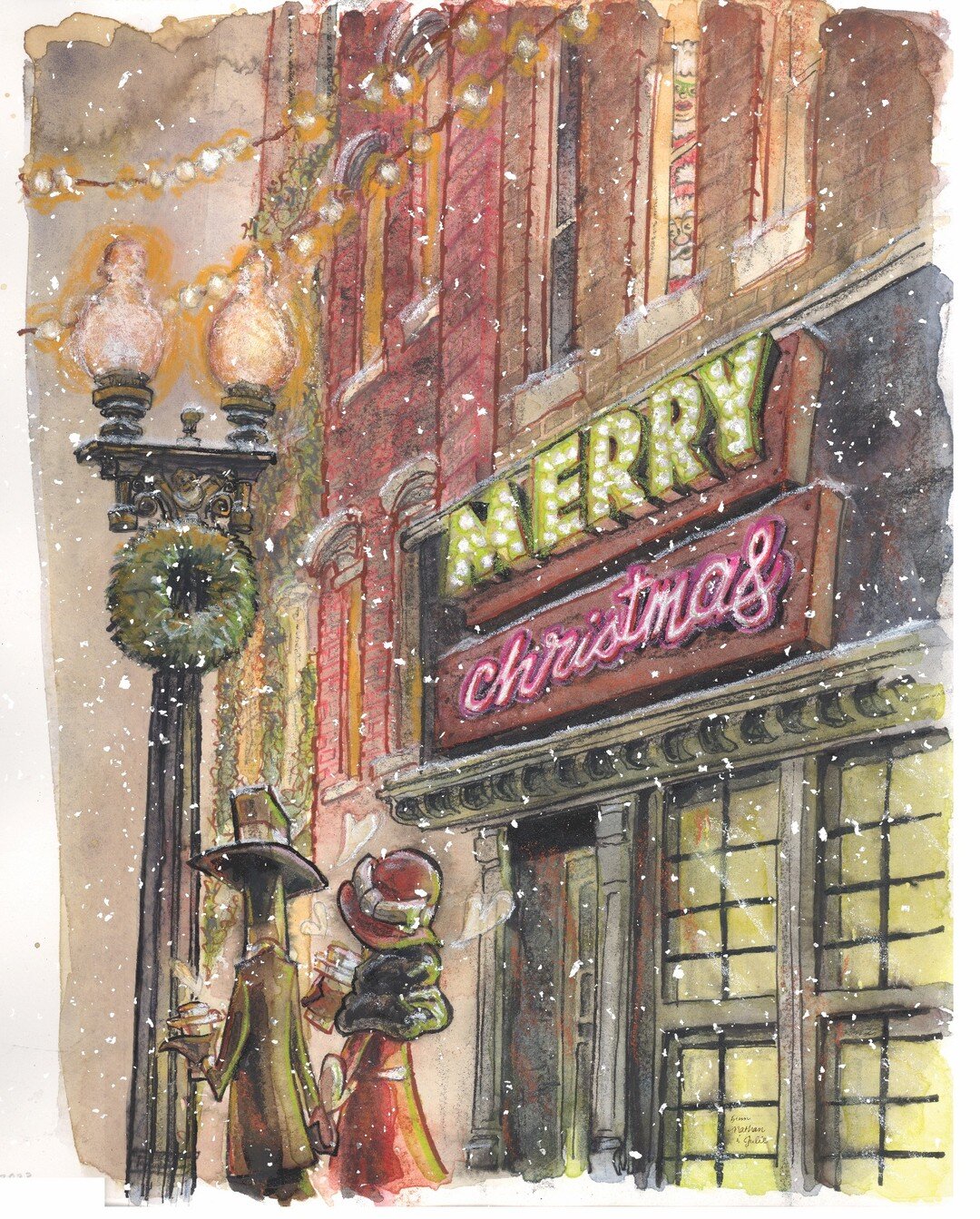 CITY DATE or CITY STROLL from the COFFEE LOVERS&rsquo; CHRISTMAS series [ 2023. Mixed Media on Arches 140 lb. Hot Press ]
.
This painting was one of our best selling greeting cards and giclee prints this year. It originated as a sketch that I drew wh