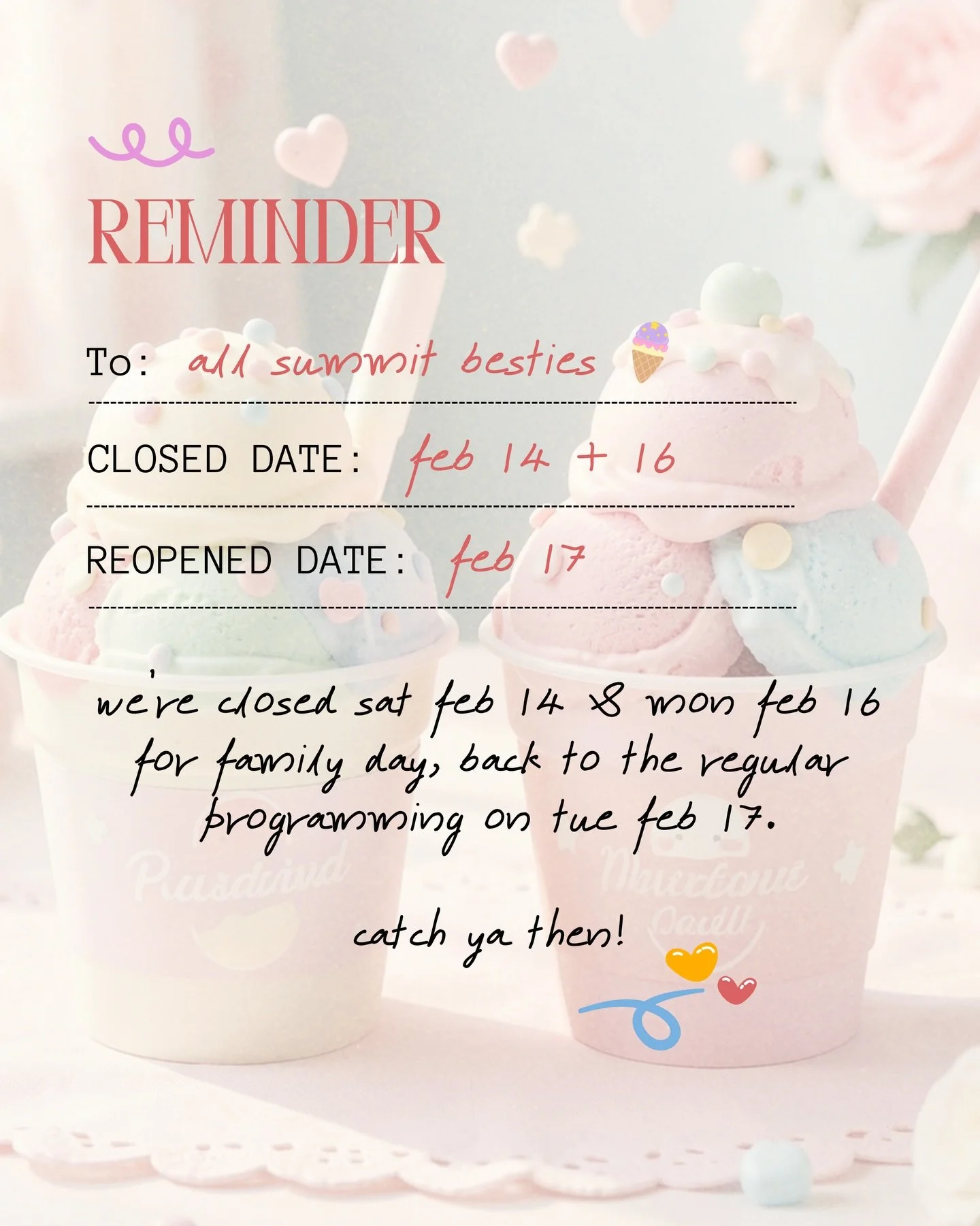 we&rsquo;re out of office for family day ✨ 

closed sat feb 14 &amp; mon feb 16, open feb 17. you know where to find us (come hang? 💗)

#familyday