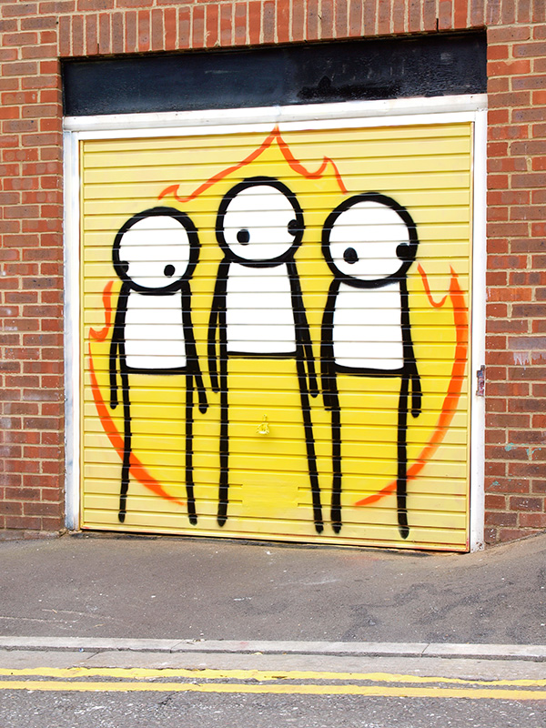 Children of Fire 2012 200cm X 200cm Spraypaint on metal garage door Painted in response to the Hackney Riots. Originally located on Pogo Café, Clarence Road, Hackney, London 100% of money raised went to Pogo Café and Social Centre, a non-profit, volunteer-run vegan café and social centre. - SOLD