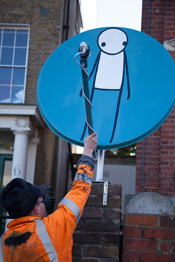 Seen 2012 100cm X 100cm Spray-paint on Metal Satellite Dish Painted in response to hugely increased surveillance in the Hackney area. Originally mounted near to Clapton Police Station, Hackney. 100% of money raised for Groundwork, a local youth charity. SOLD