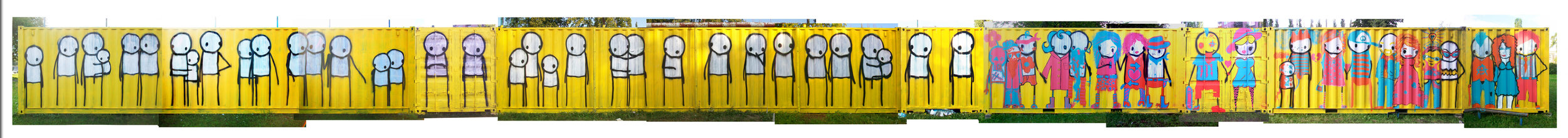 A composite of the full mural painted across two shipping containers