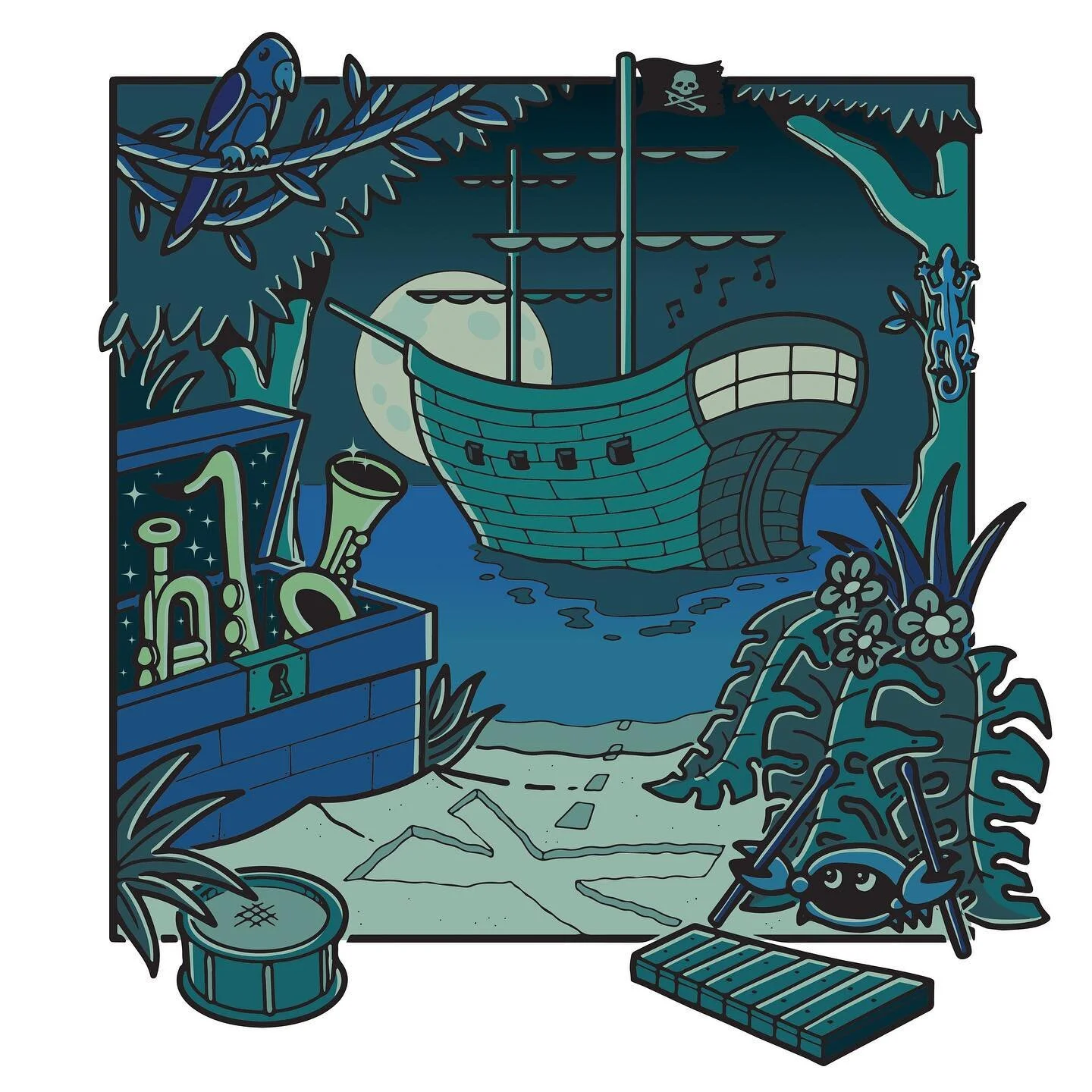 Pirate Adventure graphic for the Del Norte HS music program 🏴&zwj;☠️🎷🎺🎶