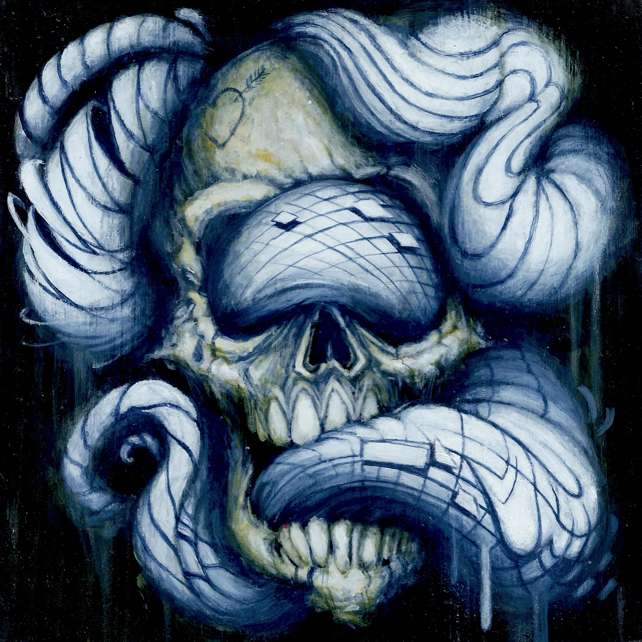 Ian C. Hess Skull and Tones Acrylic on Wood 7in. x 7in. SOLD 2016.jpg