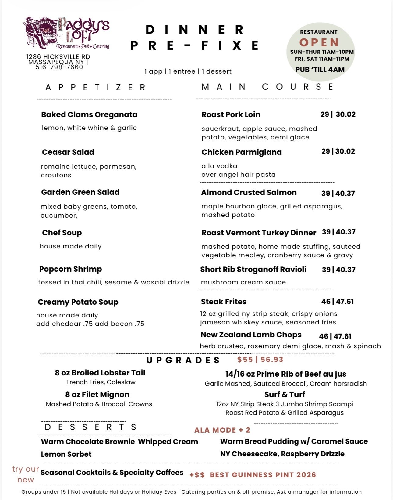 PRE-FIXE DINNER MENU - PADDY'S LOFT
