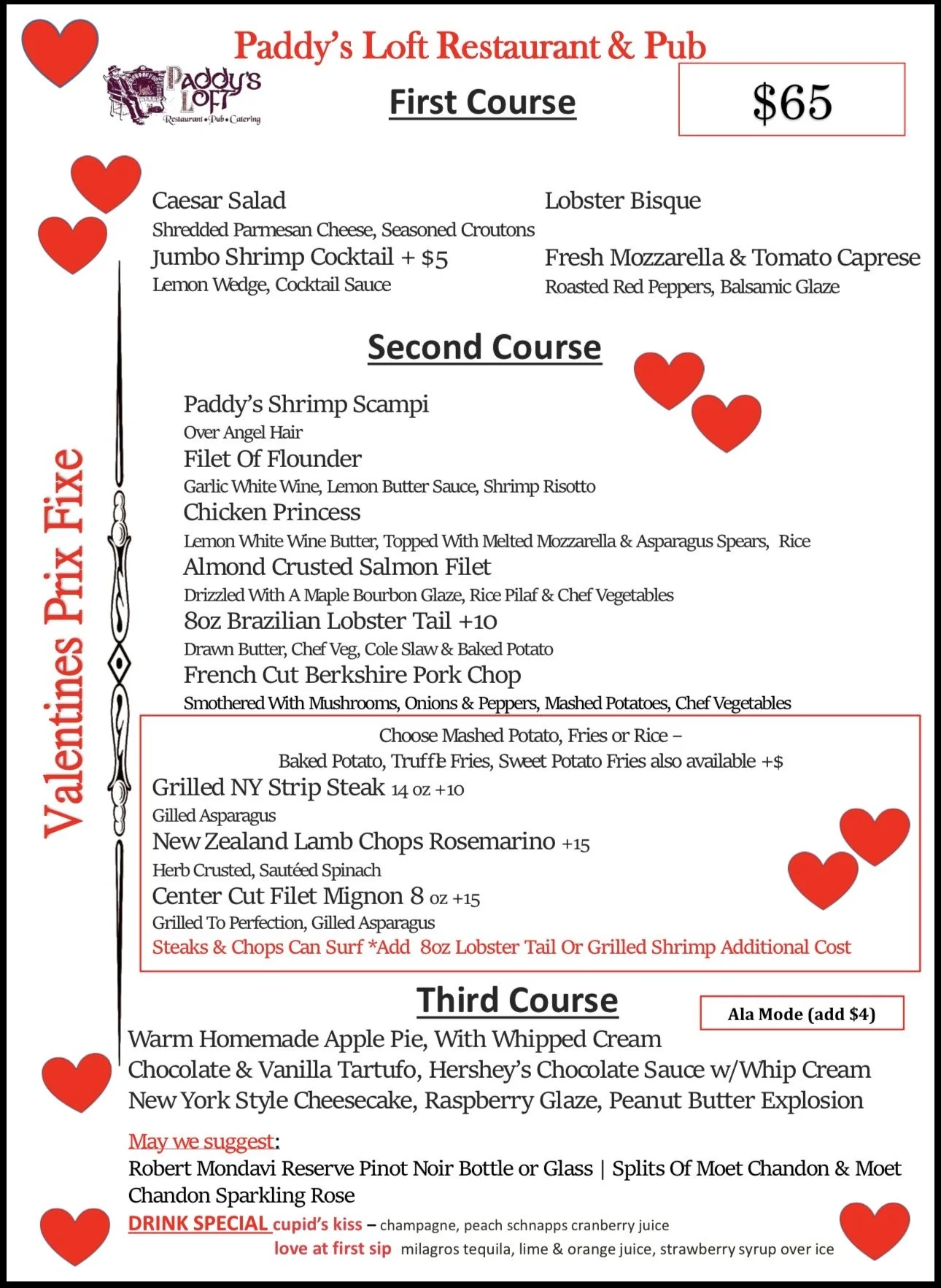 PADDY'S LOFT VALENTINE'S DAY PRE-FIXE MENU