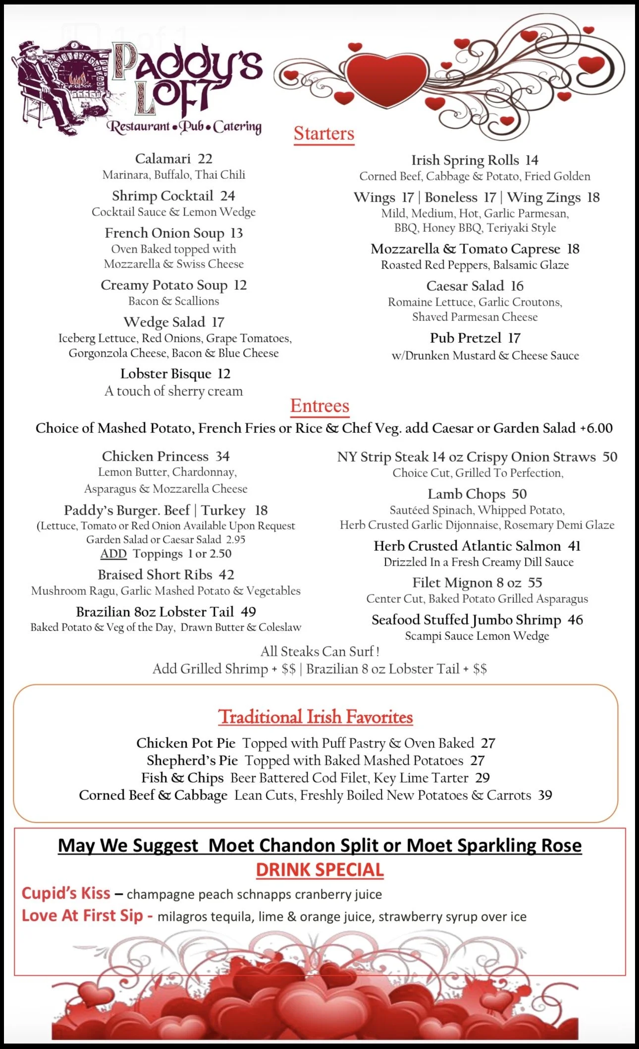 PADDY'S LOFT VALENTINE'S DAY MENU