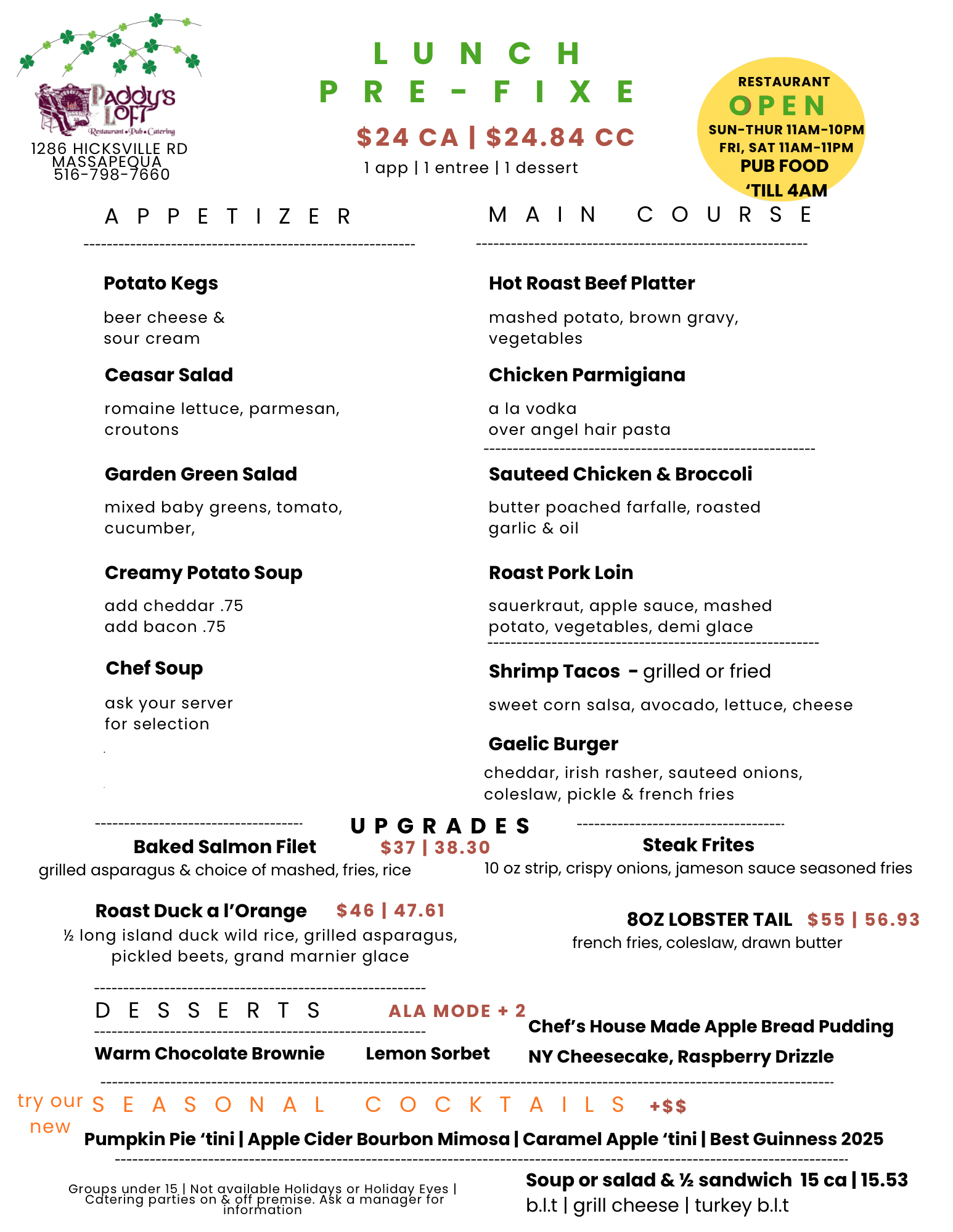 L.I. RESTAURANT WEEK AT PADDY'S LOFT