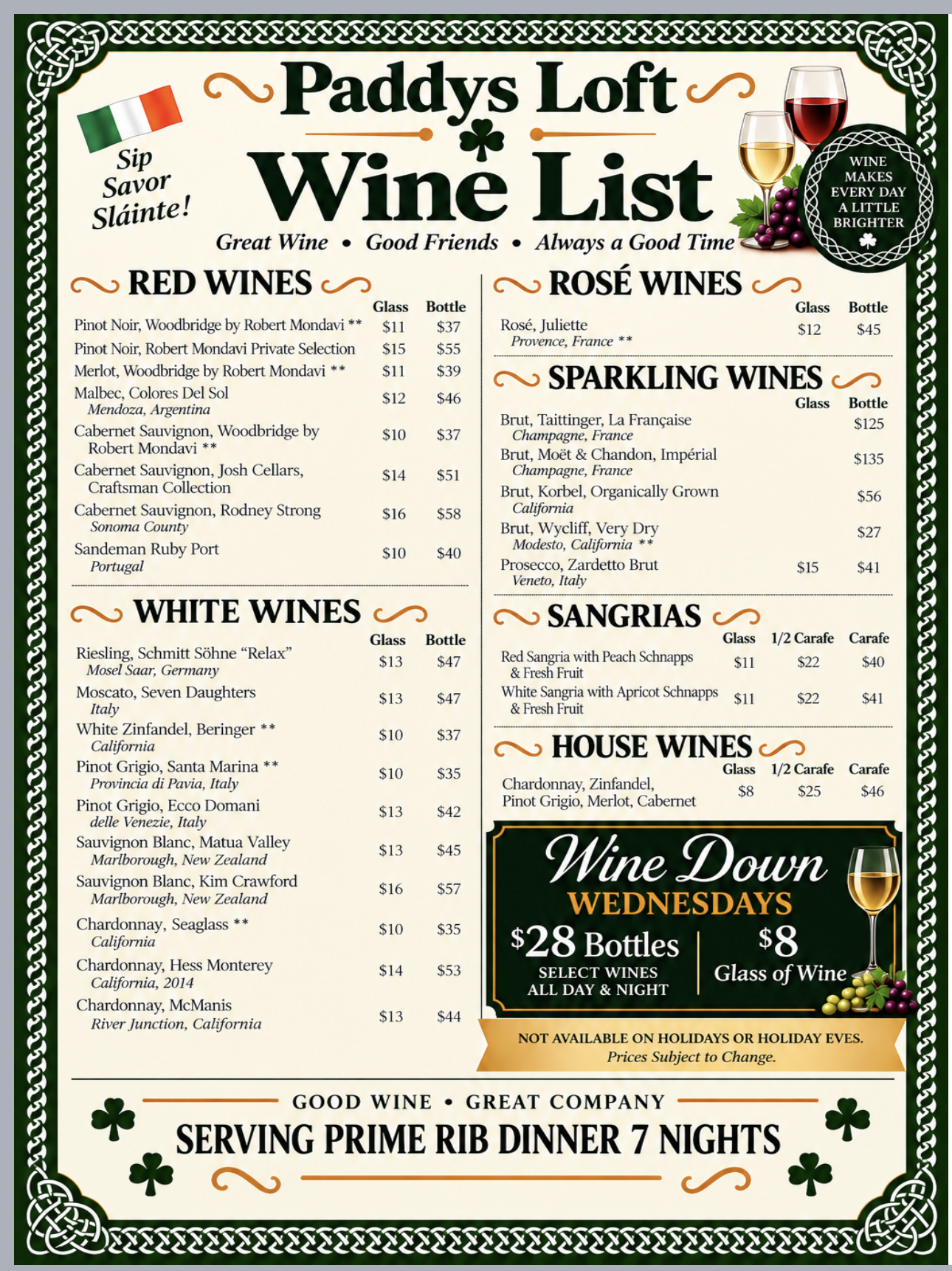 PADDY'S LOFT WINE LIST
