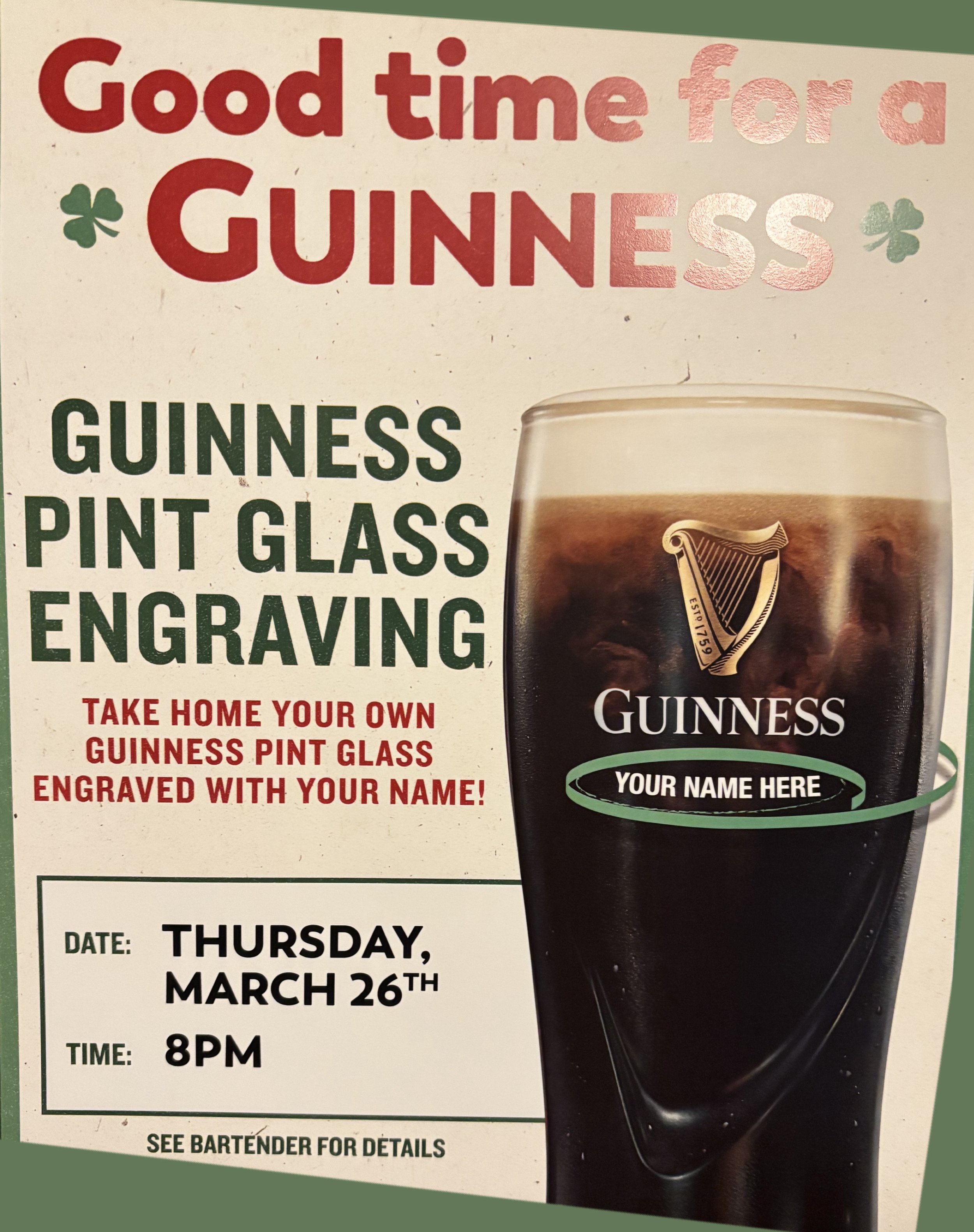 GUINNES PINT GLASS ETCHING AT PADDY'S LOFT