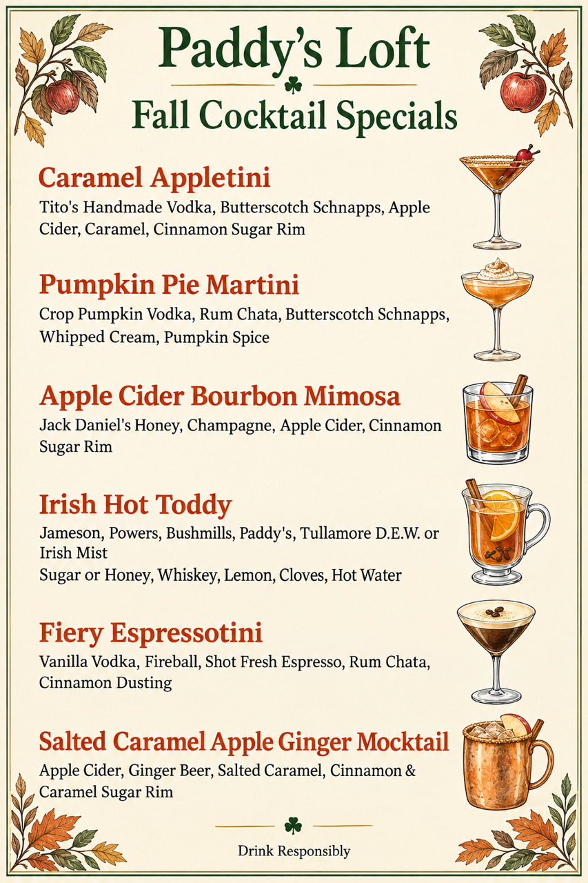 FALL 2026 DRINK SPECIALS AT PADDY'S LOFT